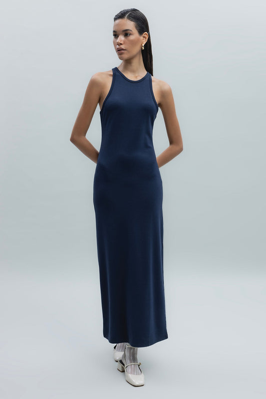 Gaiia Navy Halter Neck Midi Pencil Dress - Navy Blue