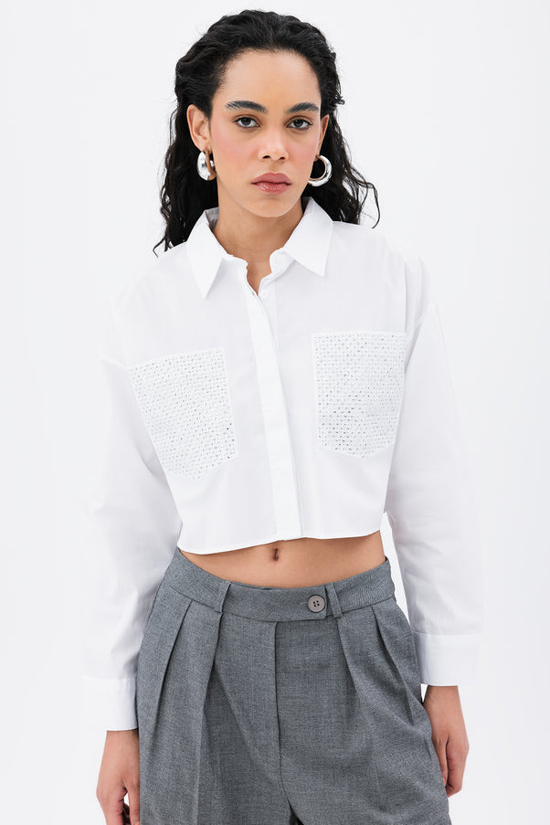 Pockets Troc Detail Crop Shirt White