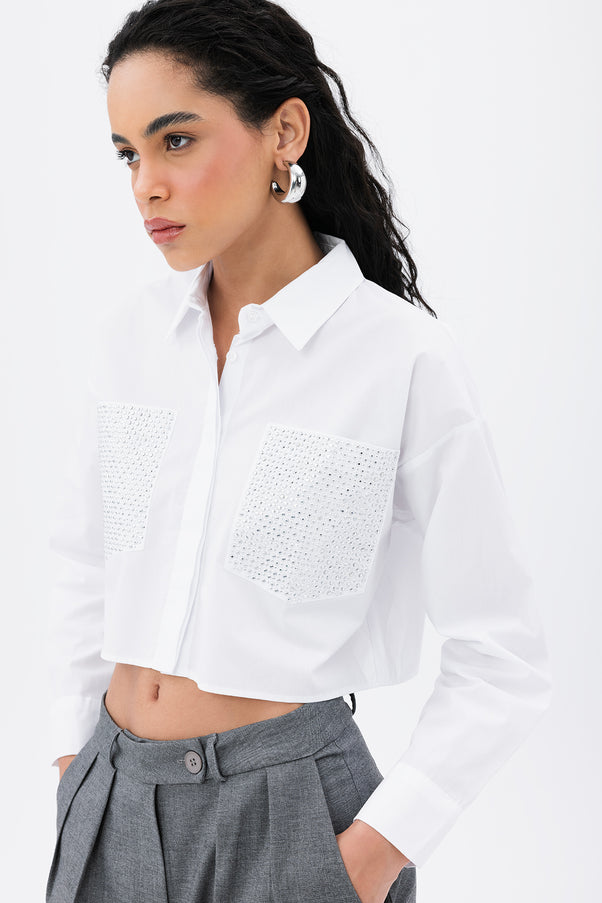 Pockets Troc Detail Crop Shirt White