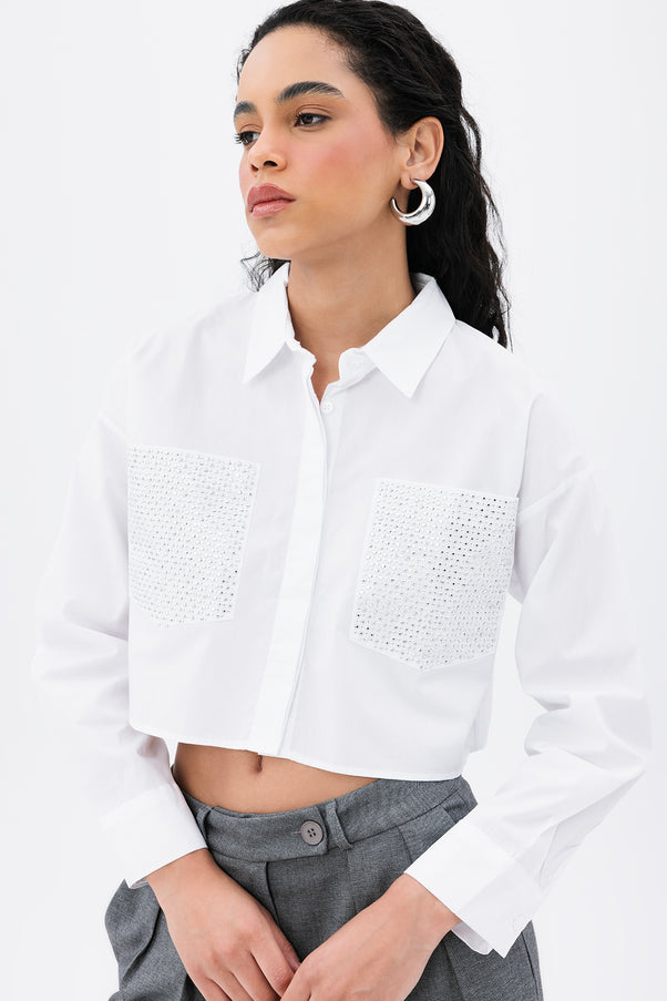 Pockets Troc Detail Crop Shirt White