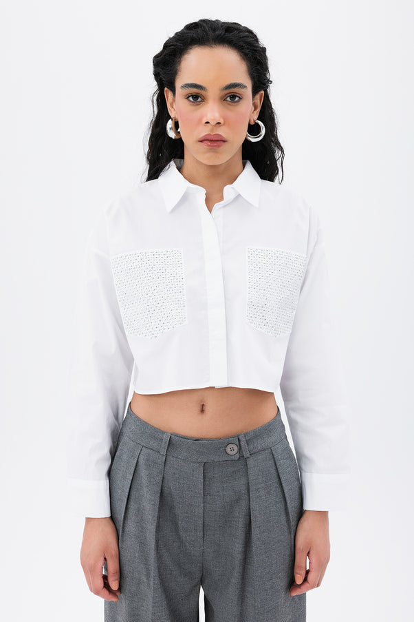 Pockets Troc Detail Crop Shirt White