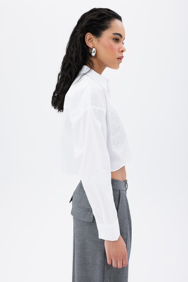 Pockets Troc Detail Crop Shirt White