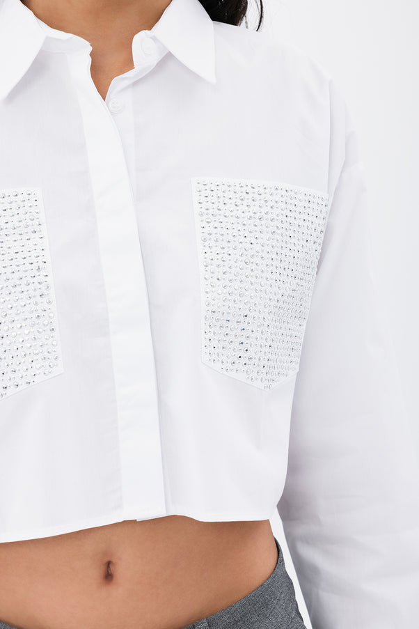 Pockets Troc Detail Crop Shirt White