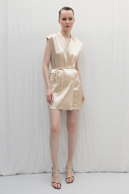 Gaiia Beige Satin Mini Jacket Dress - Golden