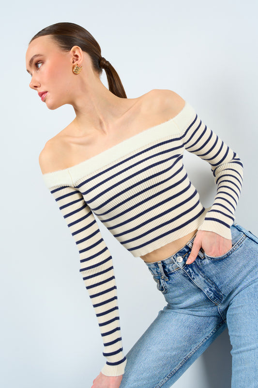 Off-Shoulder Knitted Stripe Sweater