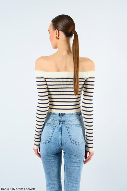 Gaiia Off-Shoulder Knitted Stripe Sweater