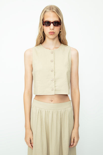 Gaiia Dark Beige Linen Blend Vest - Beige