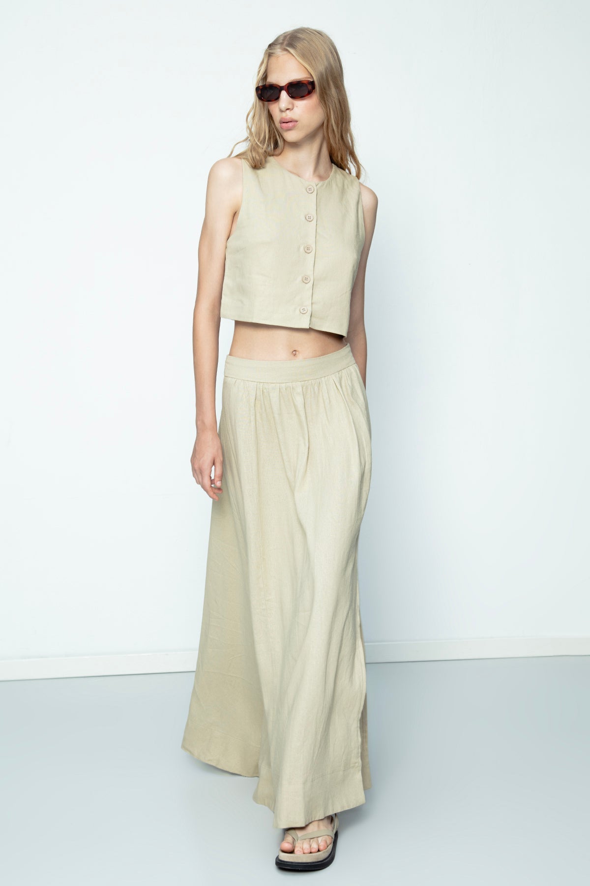 Gaiia Dark Beige Linen Blend Vest - Beige