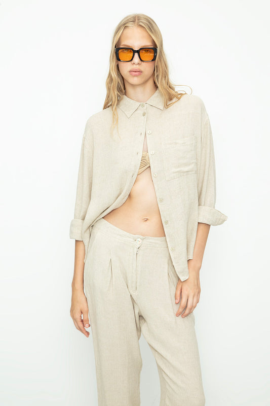 Gaiia Beige Linen Pleated Shirt & Trouser - Beige