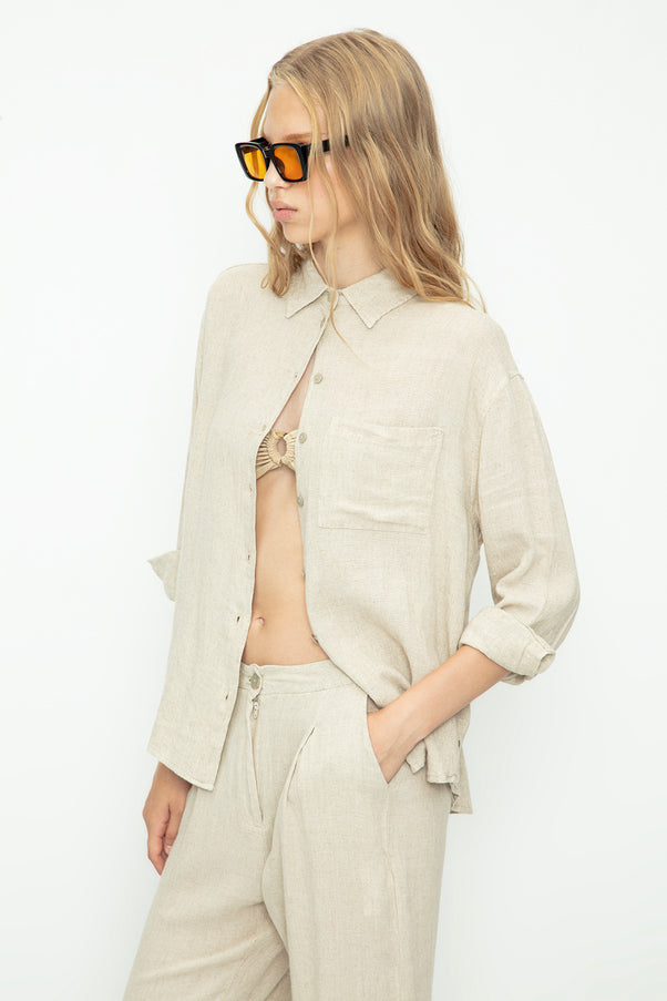 Beige Linen Pleated Shirt & Trouser