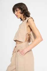 Gaiia Two Piece Linen Loungewear Set - Beige