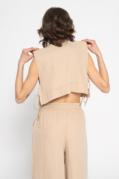 Gaiia Two Piece Linen Loungewear Set - Beige