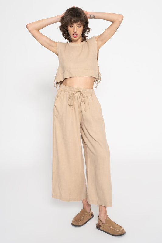 Gaiia Two Piece Linen Loungewear Set - Beige