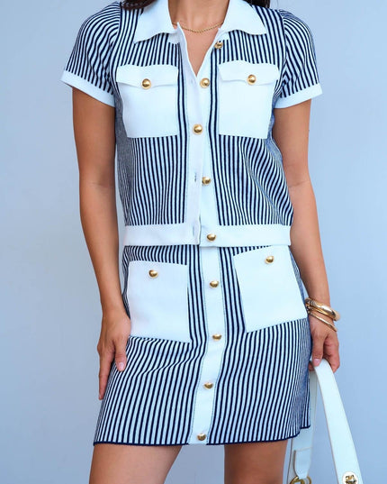 Vertical Stripes Buttoned Top & Skirt Set