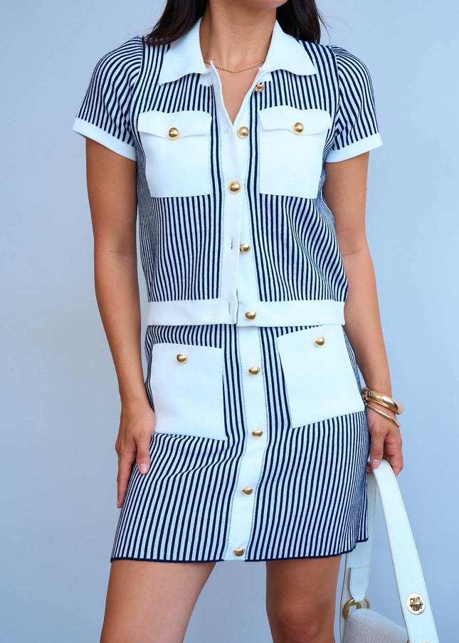 Vertical Stripes Buttoned Top & Skirt Set