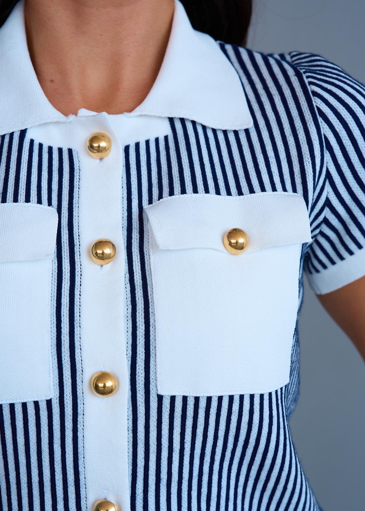 Gaiia Vertical Stripes Buttoned Top & Skirt Set - White