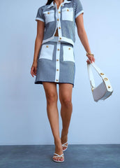 Gaiia Vertical Stripes Buttoned Top & Skirt Set - White