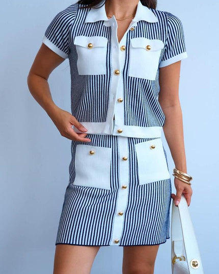 Vertical Stripes Buttoned Top & Skirt Set