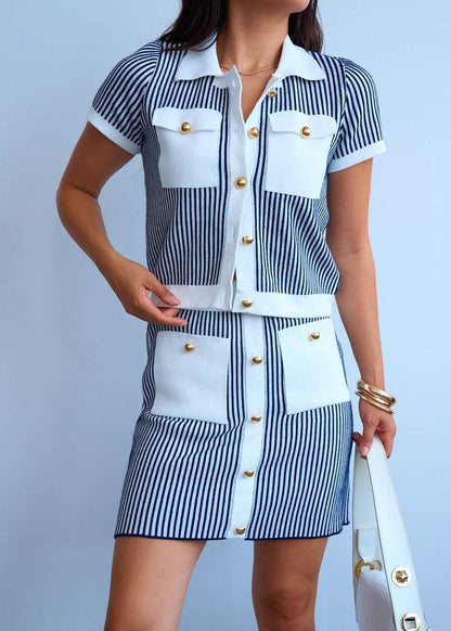 Gaiia Vertical Stripes Buttoned Top & Skirt Set - White