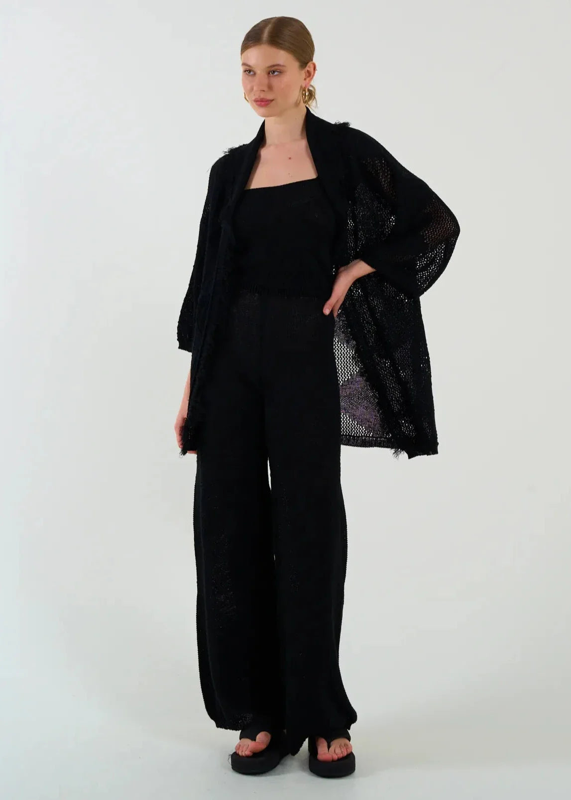 Gaiia Openwork Shawl Collar Cardigan Blouse Trousers Three Piece Set