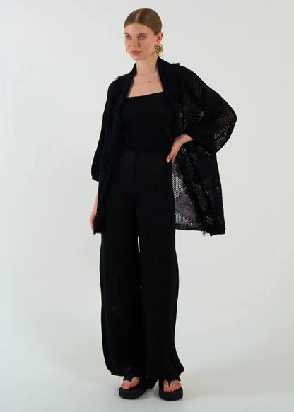 Gaiia Openwork Shawl Collar Cardigan Blouse Trousers Three Piece Set