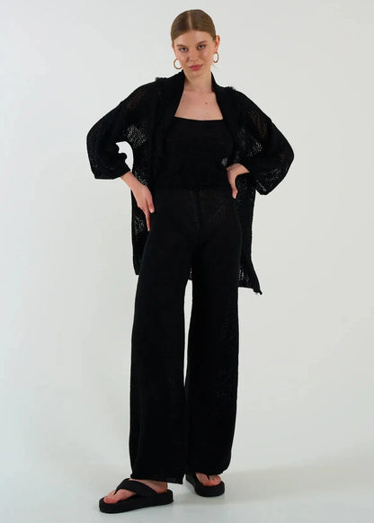 Gaiia Openwork Shawl Collar Cardigan Blouse Trousers Three Piece Set