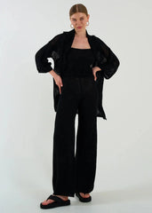 Gaiia Openwork Shawl Collar Cardigan Blouse Trousers Three Piece Set