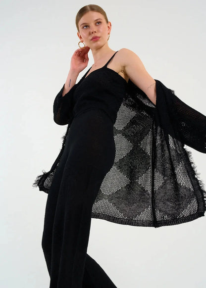 Gaiia Openwork Shawl Collar Cardigan Blouse Trousers Three Piece Set