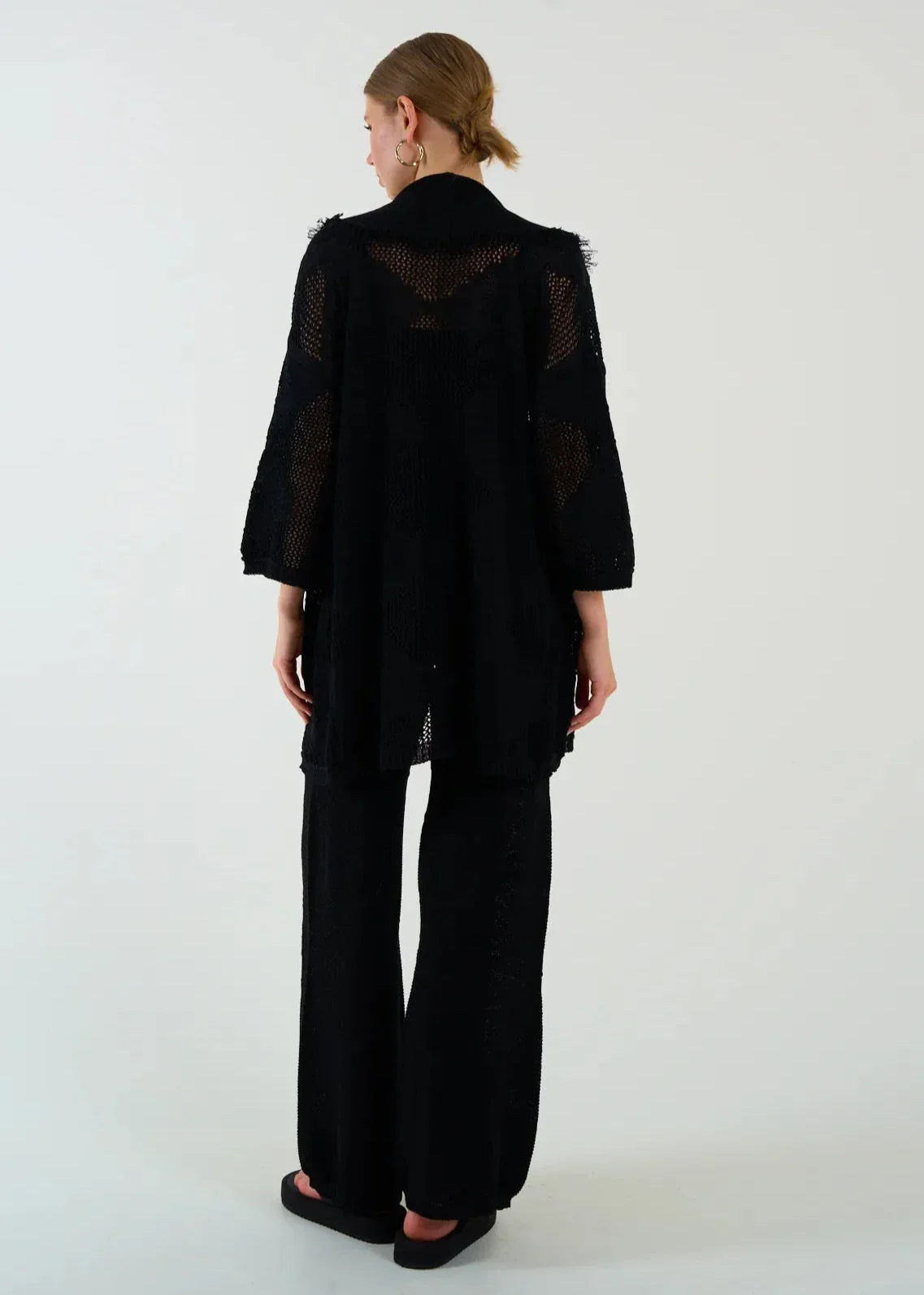 Gaiia Openwork Shawl Collar Cardigan Blouse Trousers Three Piece Set