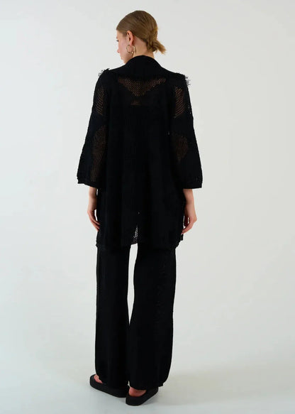 Gaiia Openwork Shawl Collar Cardigan Blouse Trousers Three Piece Set