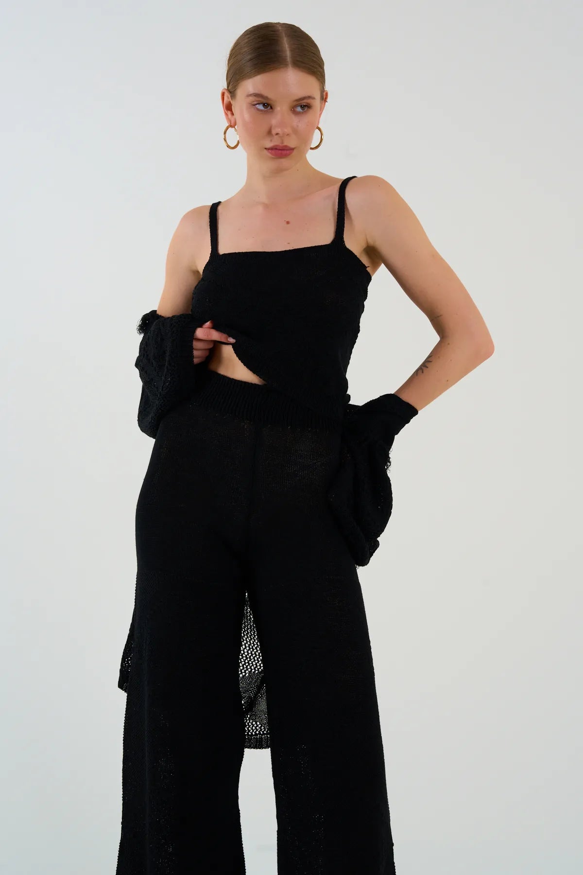 Gaiia Openwork Shawl Collar Cardigan Blouse Trousers Three Piece Set