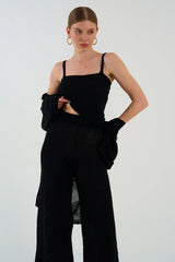 Gaiia Openwork Shawl Collar Cardigan Blouse Trousers Three Piece Set