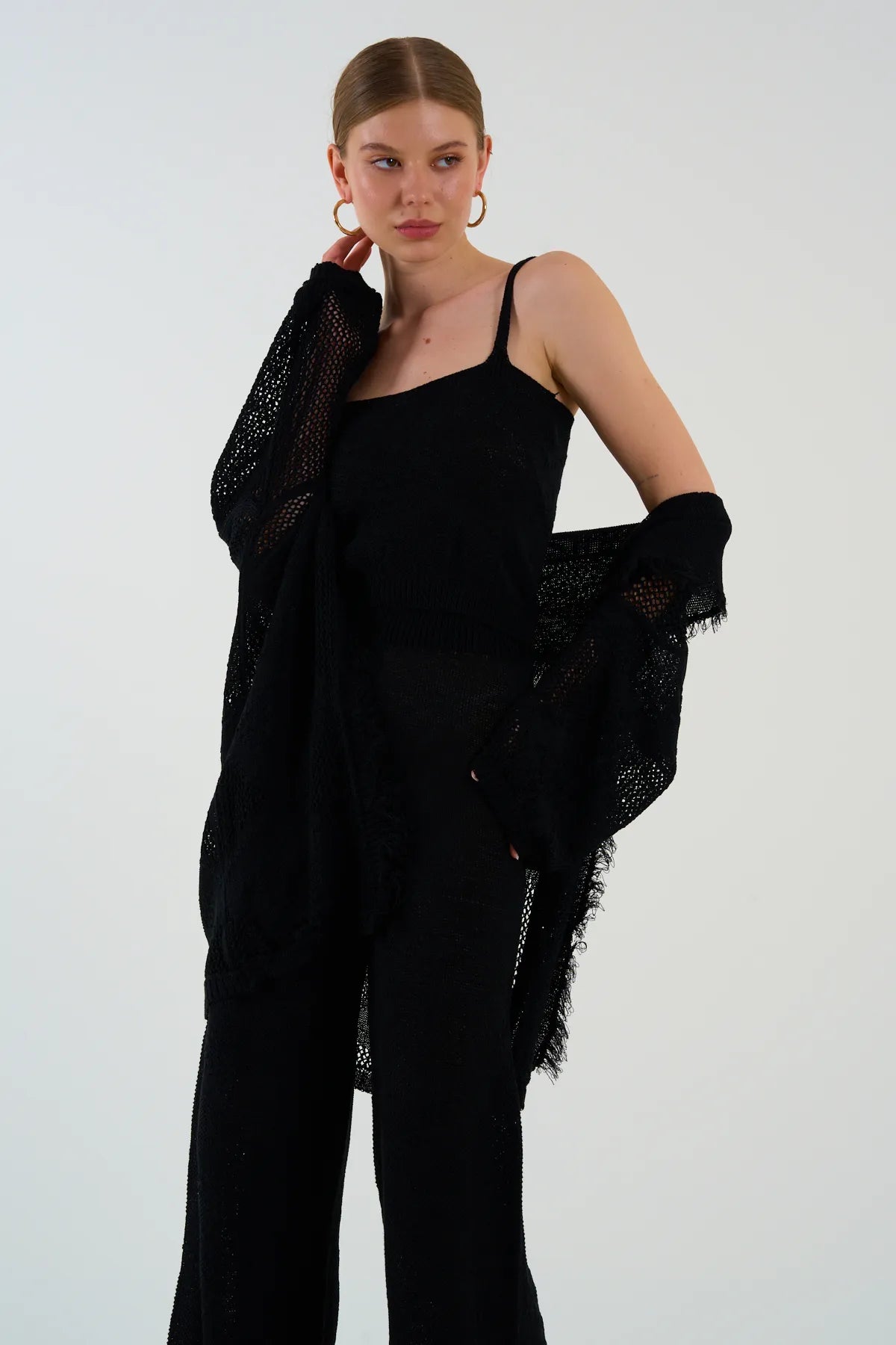 Gaiia Openwork Shawl Collar Cardigan Blouse Trousers Three Piece Set