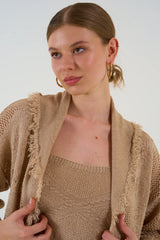 Gaiia Openwork Shawl Collar Cardigan Blouse Trousers Three Piece Set