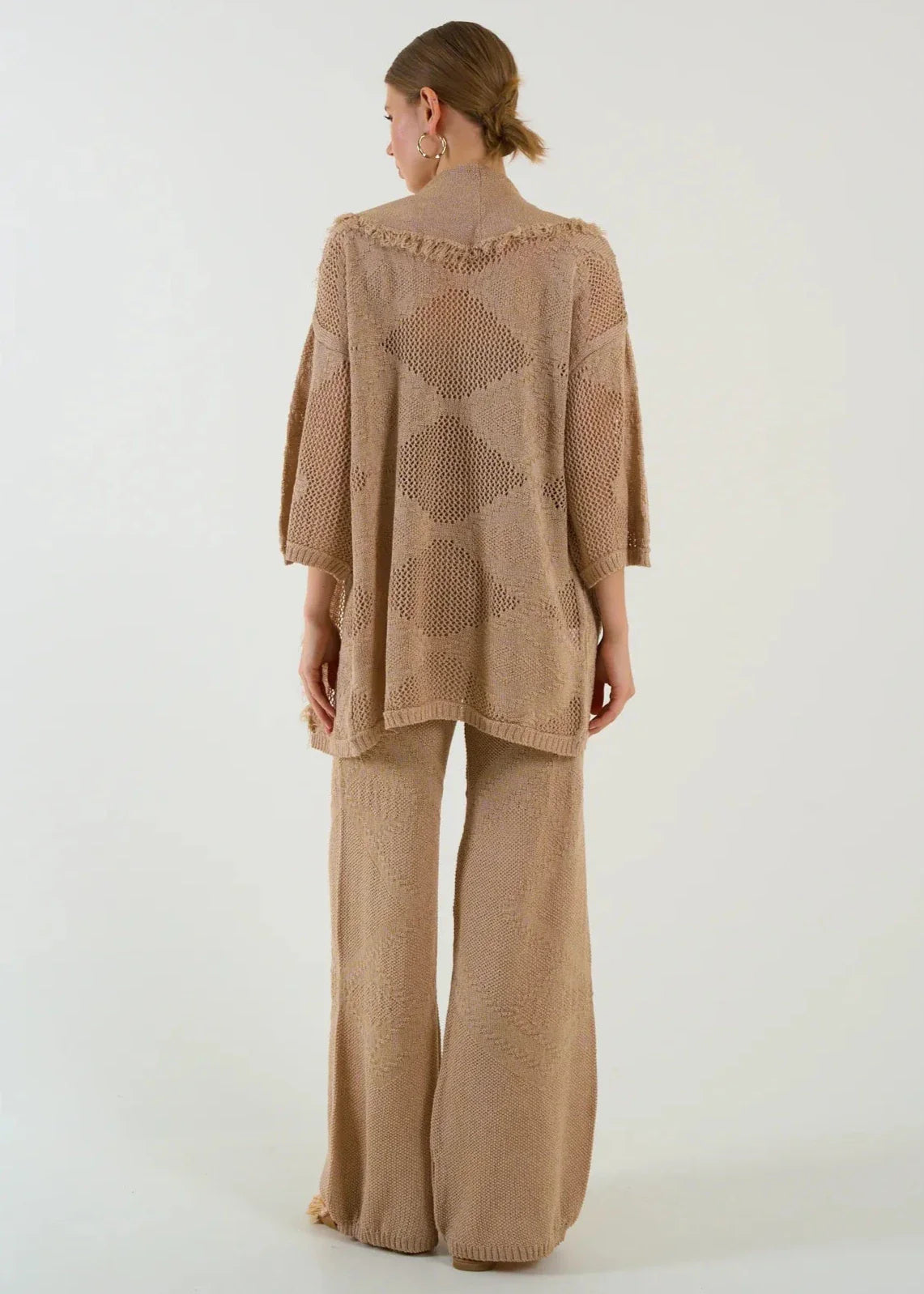 Gaiia Openwork Shawl Collar Cardigan Blouse Trousers Three Piece Set