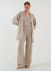 Gaiia Openwork Shawl Collar Cardigan Blouse Trousers Three Piece Set