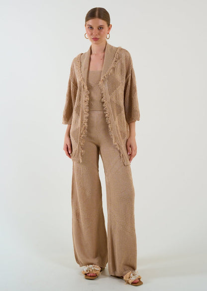 Gaiia Openwork Shawl Collar Cardigan Blouse Trousers Three Piece Set