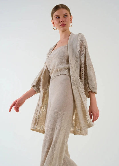 Gaiia Openwork Shawl Collar Cardigan Blouse Trousers Three Piece Set