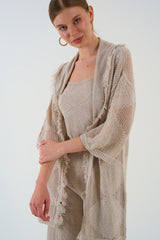 Gaiia Openwork Shawl Collar Cardigan Blouse Trousers Three Piece Set