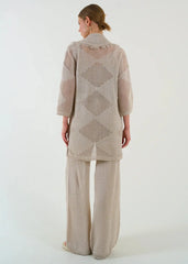 Gaiia Openwork Shawl Collar Cardigan Blouse Trousers Three Piece Set