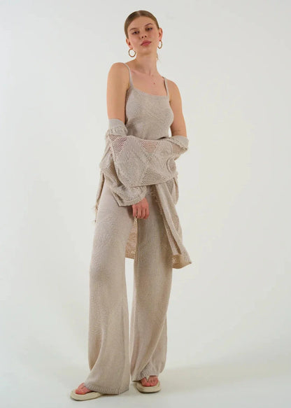 Gaiia Openwork Shawl Collar Cardigan Blouse Trousers Three Piece Set