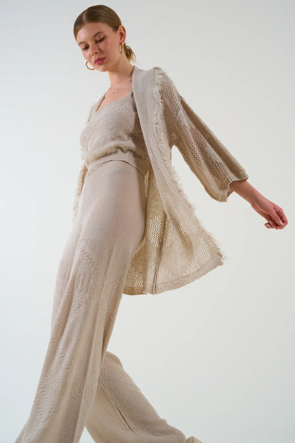 Gaiia Openwork Shawl Collar Cardigan Blouse Trousers Three Piece Set