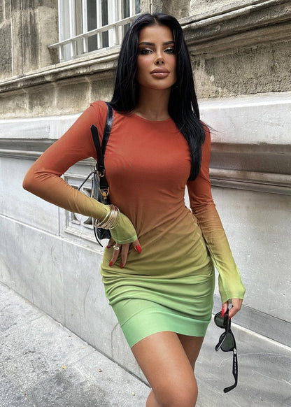 Gaiia Long Sleeve Double Shade Mini Dress - Orange