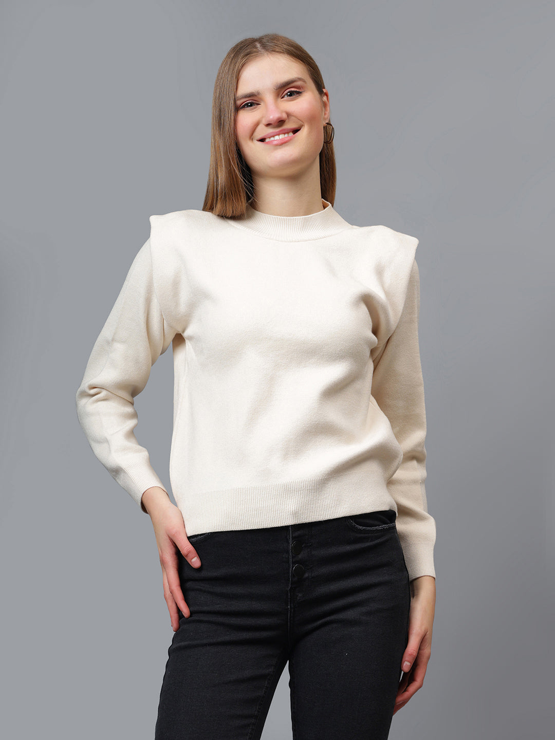 Gaiia Teal Crew Neck Shoulder Detailed Sweater