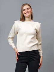 Gaiia Teal Crew Neck Shoulder Detailed Sweater