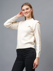 Gaiia Teal Crew Neck Shoulder Detailed Sweater