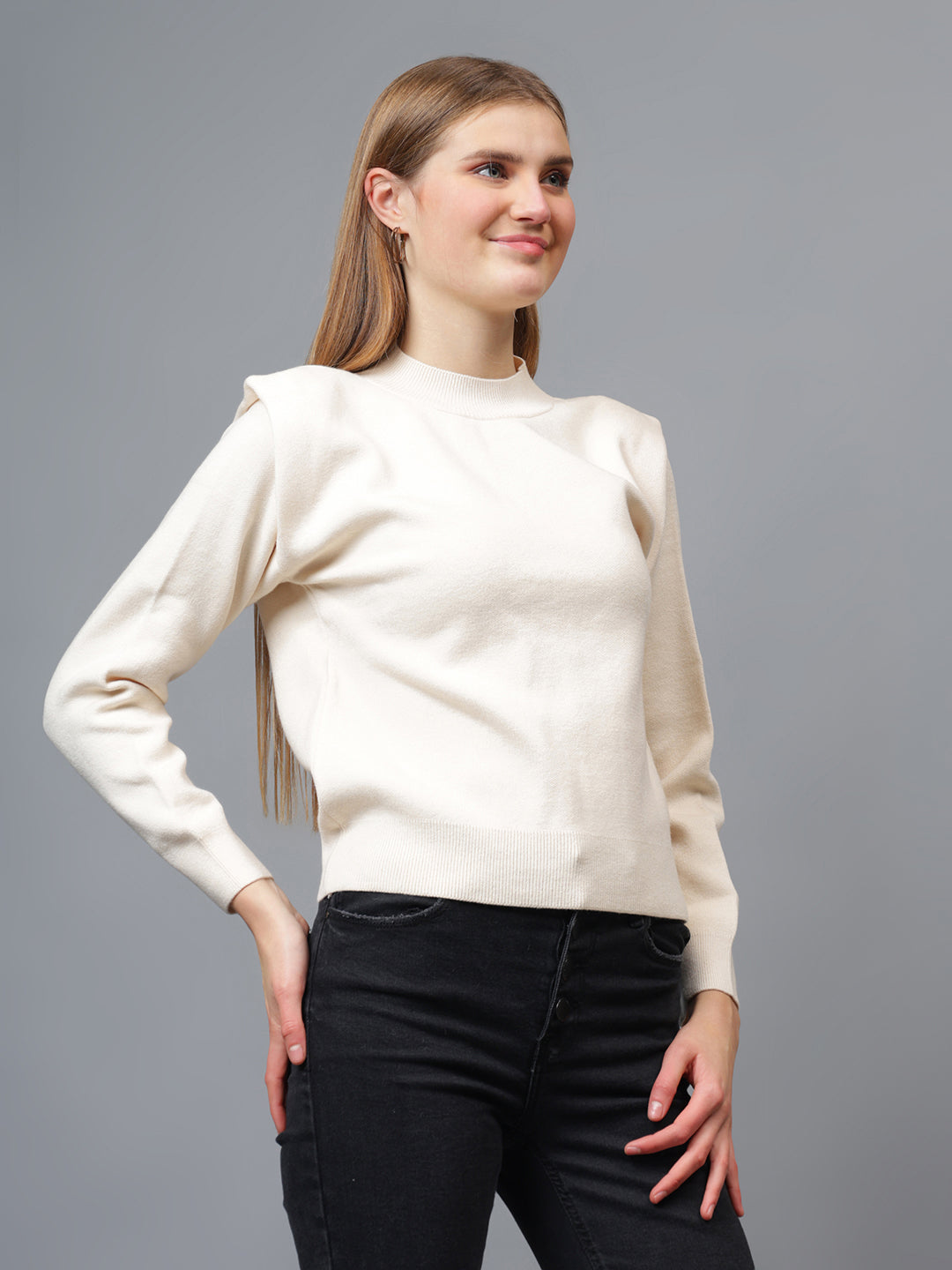 Gaiia Teal Crew Neck Shoulder Detailed Sweater