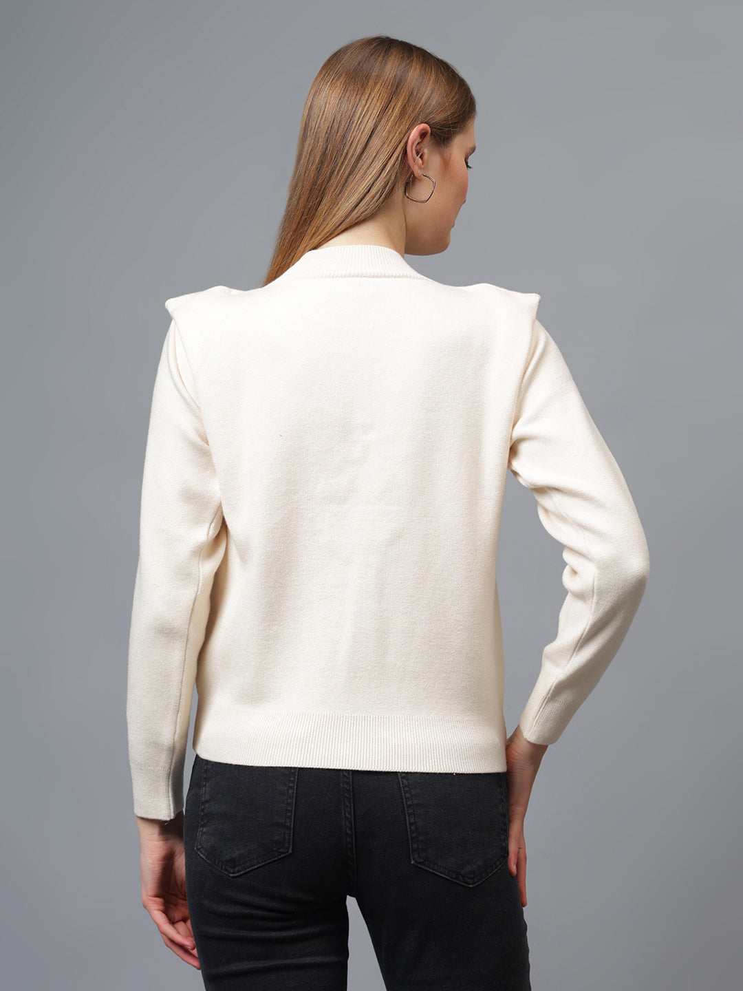 Gaiia Teal Crew Neck Shoulder Detailed Sweater