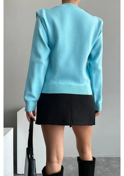 Gaiia Teal Crew Neck Shoulder Detailed Sweater