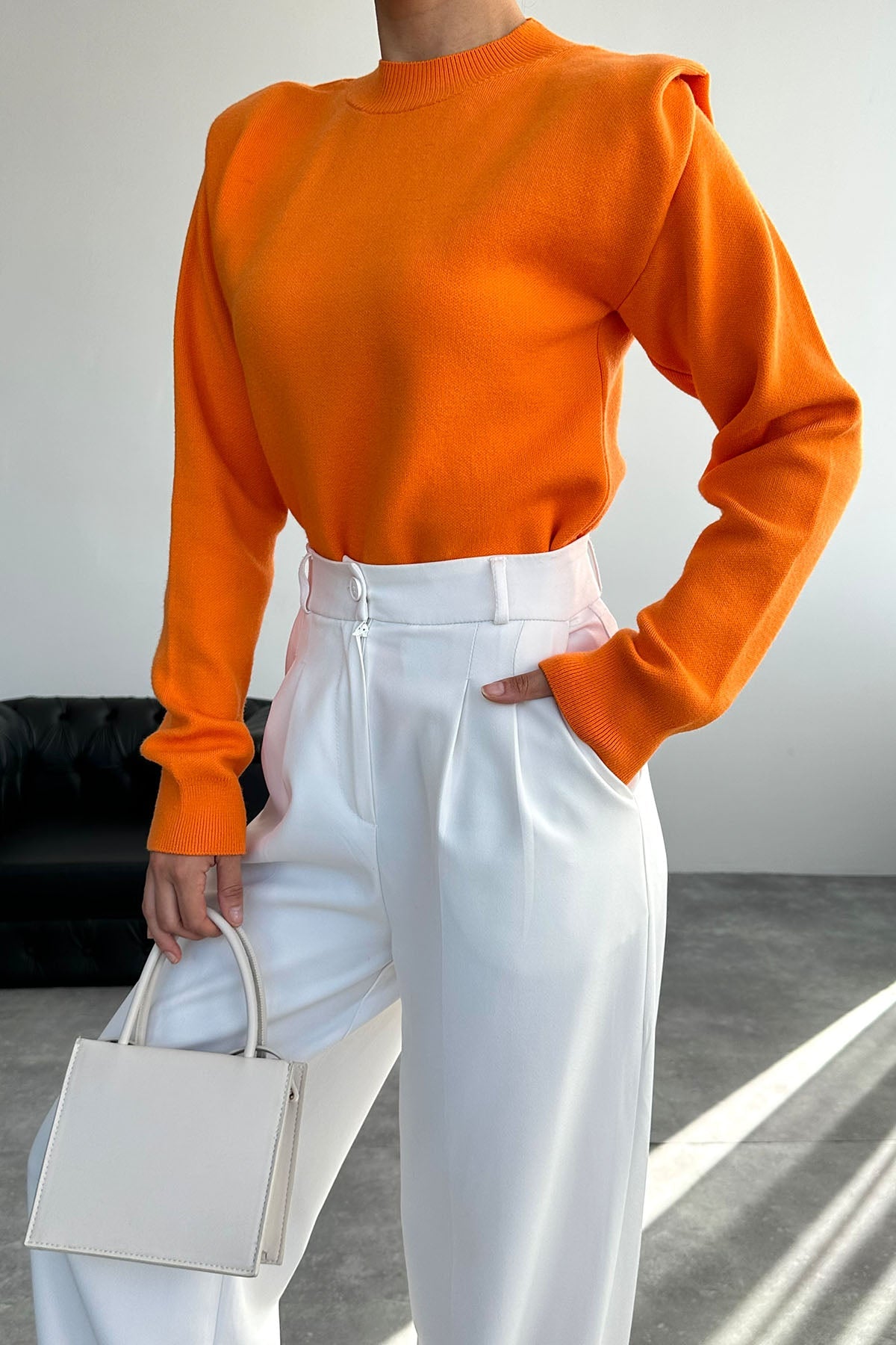 Gaiia Teal Crew Neck Shoulder Detailed Sweater